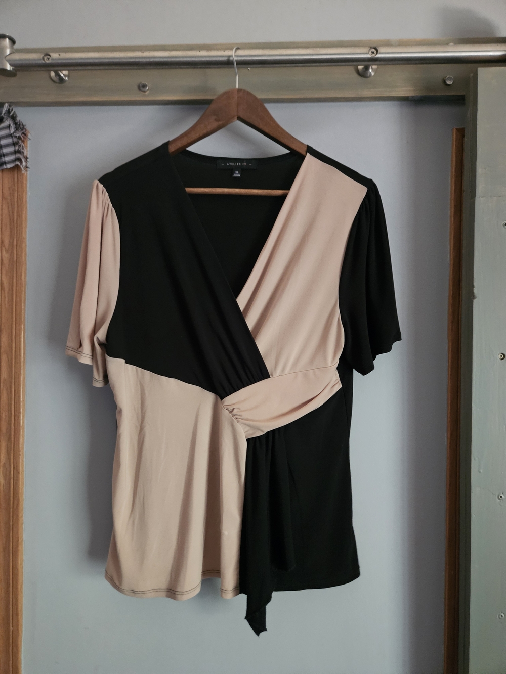 Atelier Colorblock Faux Wrap Women's Top - Black & Beige